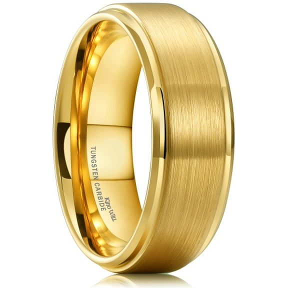 King Will GLORY Men's Gold Tungsten Carbide Ring 8mm Polished Step Edge Matte Brushed Finish Center Wedding Band Comfort Fit Size 10