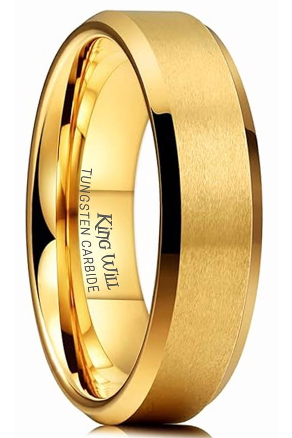 GLORY Wedding Rings for Men, 6mm Tungsten Carbide Wedding Ring Gold Matte Brushed Polish Wedding Band for Men, Comfort Fit Wedding Band Size 12