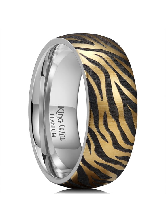 Mens Titanium Wedding Band 8mm Color‑Carving Fashionable Rings, Black & Gold-Zebra Stripe Laserd, Domed Wedding & Engagement Ring for Men Women, Ideal for Everyday Wear, Comfort Fit Size 10