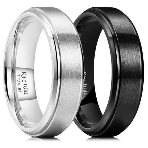 King Will Men's Black and Sliver Titanium Ring-6mm Polished Beveled Stepped Edge Matte Brushed Finish Center Wedding Band 2Pcs Comfort Fit Size 10