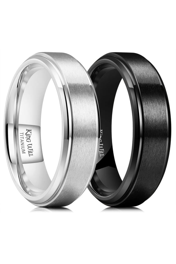 Men's Black and Sliver Titanium Ring-6mm Polished Beveled Stepped Edge Matte Brushed Finish Center Wedding Band 2Pcs Comfort Fit Size 10