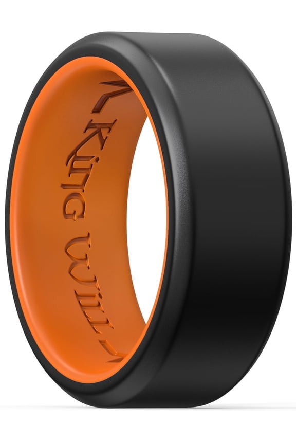 Men's Silicone Wedding Bands, 8mm Comfort Fit with Unique Inner Groove Design, Rubber Engagement Rings for Daily Wear and Activities, Black&Orange, Size 11