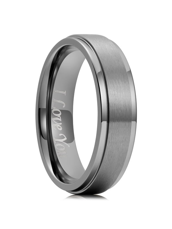 6mm Gunmetal 316L Stainless Steel Wedding Band, "I Love You" Inner Engraving Engagement & Promise Ring for Men Women, Step Edge Brushed Finish, Ideal for Everyday Wear, Comfort Fit Size 10