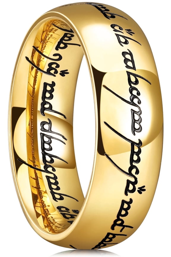 Men's Stainless Steel Wedding Band- 7mm Gold One Ring Lord Magic Power Rings, Wedding Ring for Men and Women High Polished, Comfort Fit Wedding Ring Band Size 8