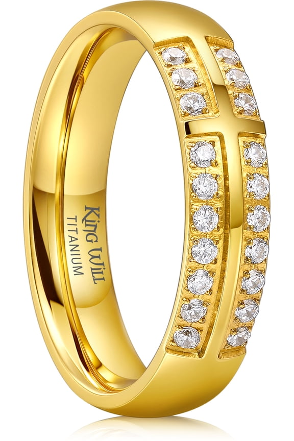 Men's Titanium Gold Wedding Band - 5mm Polished Band with Step Edges and Cross Design Featuring White Zirconia Insets Comfort Fit, Size 7