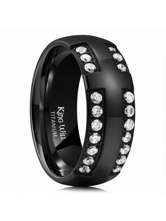 Men's 8mm Black Titanium Rings with Cubic Zirconia, Domed Engagement & Promise Ring for Men Women, Polished Finish, Ideal for Everyday Wear, Comfort Fit Size 9