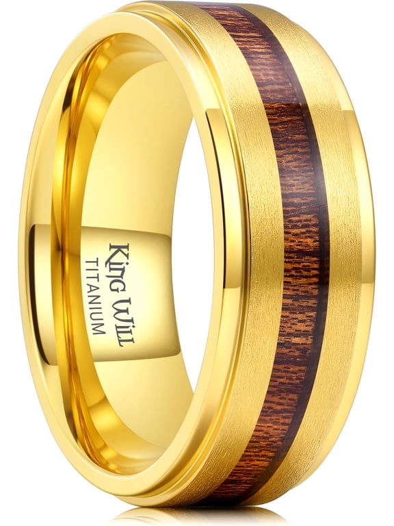 Men's Titanium Wedding Band-8mm Golden Matte Brushed Finish with Koa Wood Inlay, Durable Wooden Wedding Ring Comfort Fit Size 12
