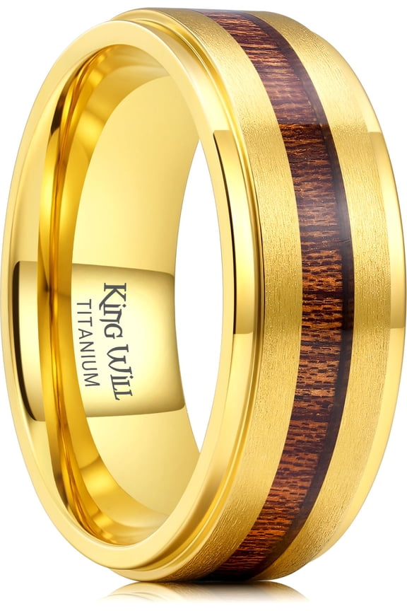Men's Titanium Wedding Band-8mm Golden Matte Brushed Finish with Koa Wood Inlay, Durable Wooden Wedding Ring Comfort Fit Size 13