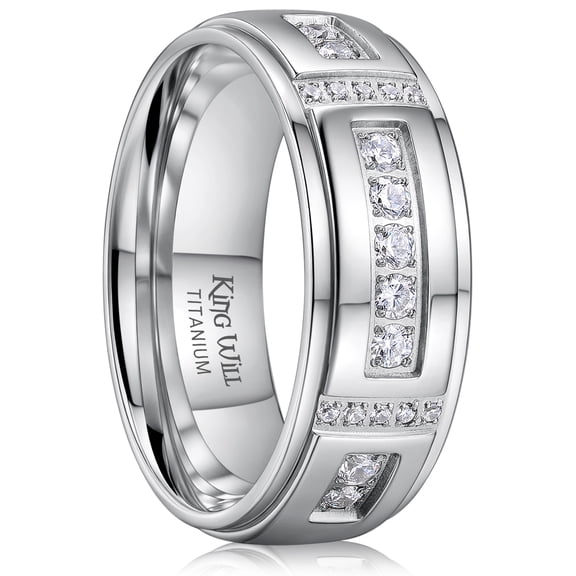King Will Men's Titanium Wedding Band - 8mm Polished Band with Step Edges and Cross Design Featuring White Zirconia Insets Comfort Fit Size 11