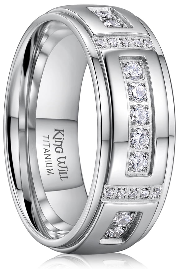 Men's Titanium Wedding Band - 8mm Polished Band with Step Edges and Cross Design Featuring White Zirconia Insets Comfort Fit Size 13