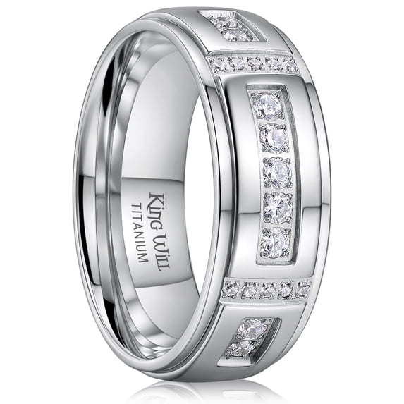 King Will Men's Titanium Wedding Band - 8mm Polished Band with Step Edges and Cross Design Featuring White Zirconia Insets Comfort Fit Size 8