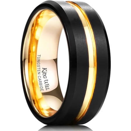 King Will Men's Groove Wedding Band - 8mm Black Tungsten Carbide Ring Gold Grooved Center Brushed Finish Beveled Edge Comfort Fit Size 10