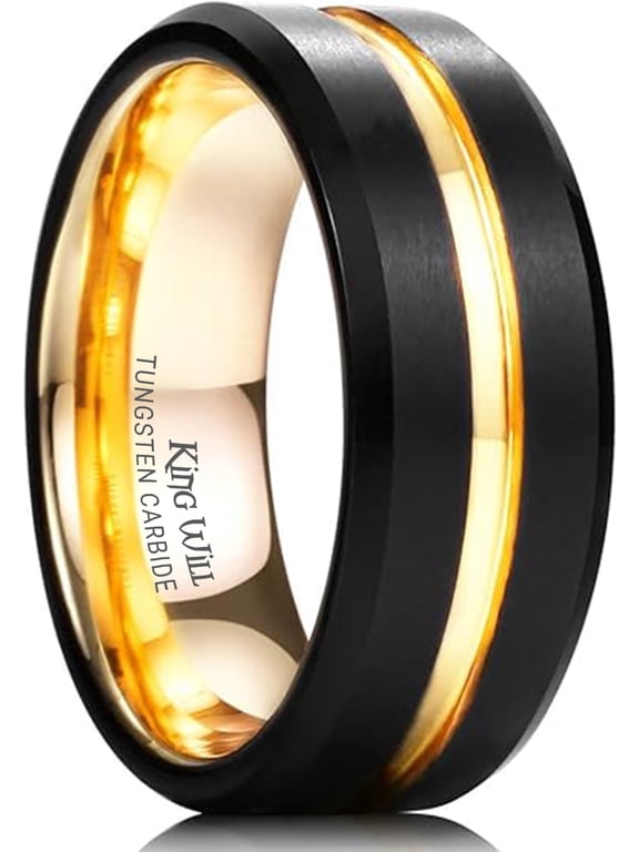 Men's Groove Wedding Band - 8mm Black Tungsten Carbide Ring Gold Grooved Center Brushed Finish Beveled Edge Comfort Fit Size 10