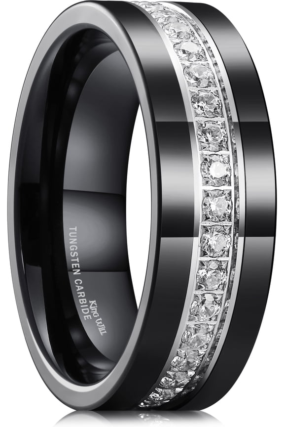 Mens 8mm Black Polished Finish Tungsten Carbide Ring Cubic Zircon Stones Flat Style Wedding Band Comfort Fit Size 11