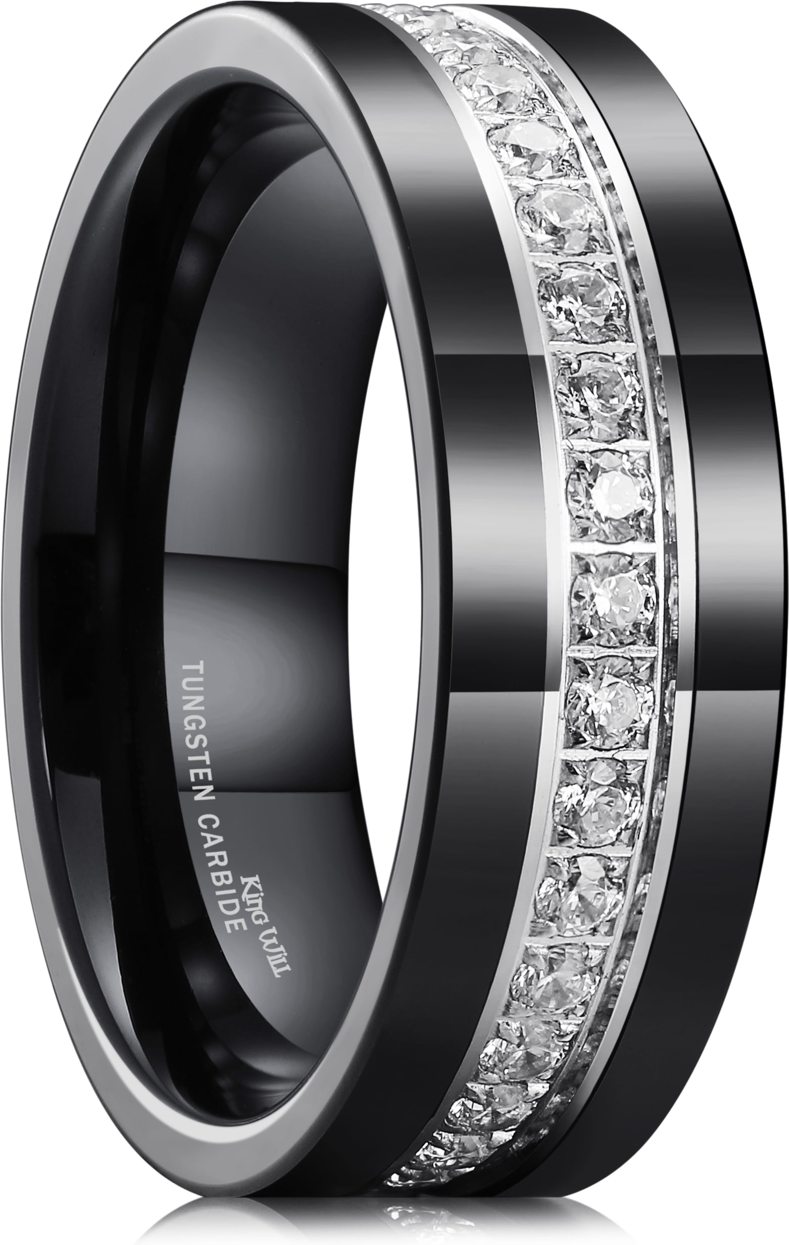 King Will Mens 8mm Black Polished Finish Tungsten Carbide Ring Cubic Zircon Stones Flat Style Wedding Band Comfort Fit Size 13
