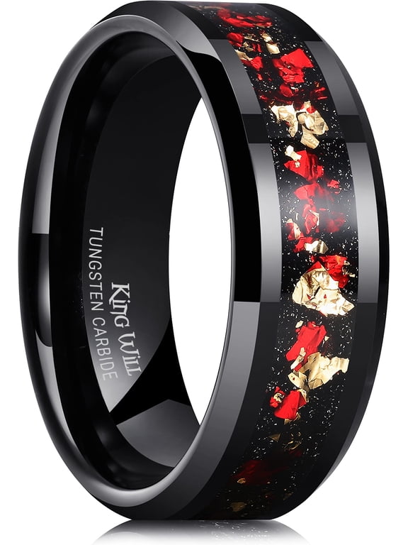 Mens 8mm Black Tungsten Carbide Wedding Band Red and Gold Foils Inlay Promise Engagement Ring for Couples High Polished Beveled Edge Comfort Fit Size 9