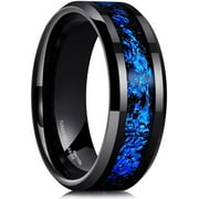 KING WILL GALAXY Mens 8mm Black Tungsten Carbide Wedding Ring with Blue Foils Inlay Beveled Edge Foils Tungsten Wedding Band Comfort Fit Size 11