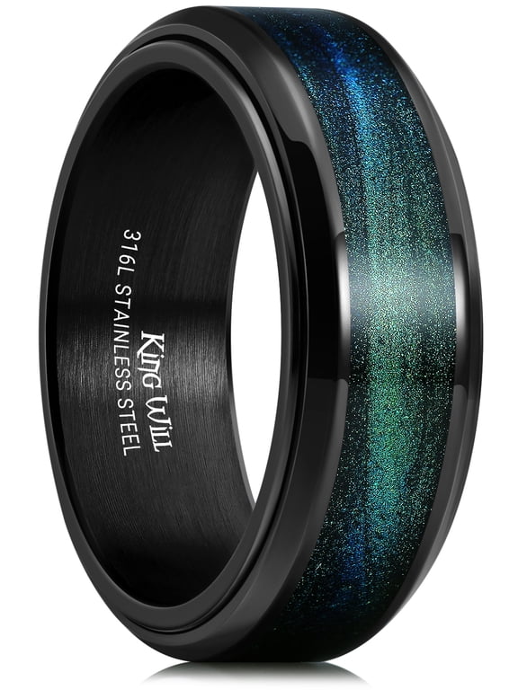 Mens 8mm Stainless Steel Rings Anxiety Fidget Ring Spinner Wedding Ring Black Plated Blue Green Galaxy Sand Inlay Spinning Wedding Bands Comfort Fit, Size 9