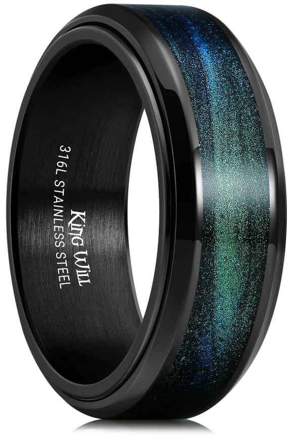 Mens 8mm Stainless Steel Rings Anxiety Fidget Ring Spinner Wedding Ring Black Plated Blue Green Galaxy Sand Inlay Spinning Wedding Bands Comfort Fit, Size 10