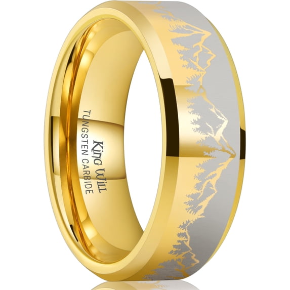King Will Mens 8mm Tungsten Carbide Wedding Band Gold Plated Silver Lasered Brushed Mountain Trees Polished Beveled Edge Comfort Fit Ring Size 13