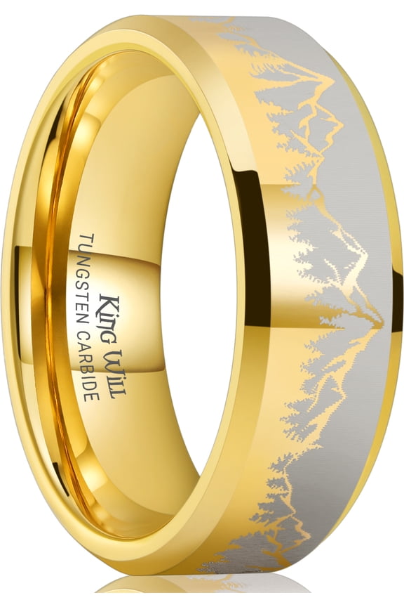 Mens 8mm Tungsten Carbide Wedding Band Gold Plated Silver Lasered Brushed Mountain Trees Polished Beveled Edge Comfort Fit Ring Size 7