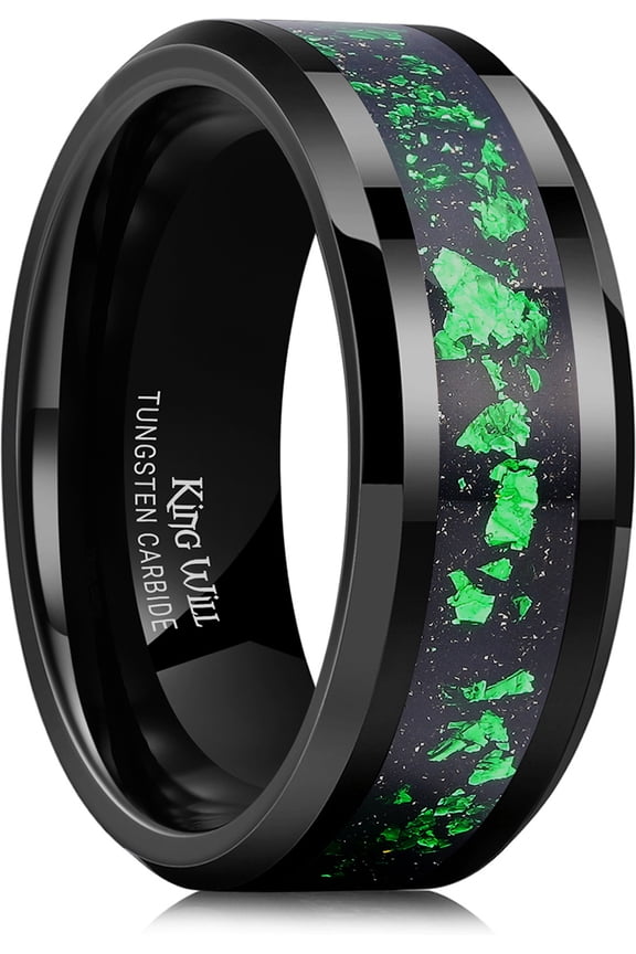 Mens Black Wedding Band 8mm Tungsten Carbide Wedding Rings Green Foils Inlay High Polished Beveled Edge Unique Anniversary Rings Gift for Him Comfort Fit, Size 12