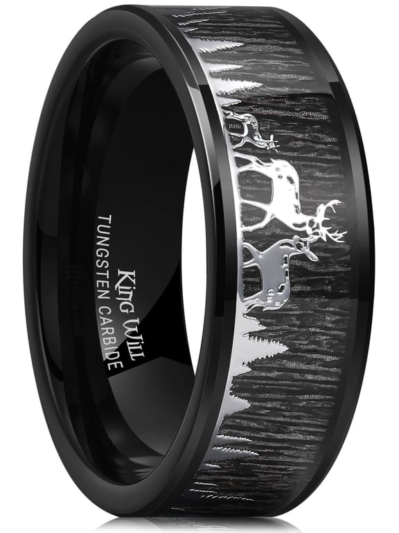 Mens Deer Forest Hunting 8mm Tungsten Carbide Ebony Wood Inlay Wedding Band for Men Engagement Ring Polished Charming Jewelry Black and Silver Size 10