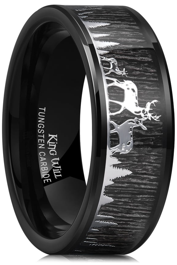 Mens Deer Forest Hunting 8mm Tungsten Carbide Ebony Wood Inlay Wedding Band for Men Engagement Ring Polished Charming Jewelry Black and Silver Size 10