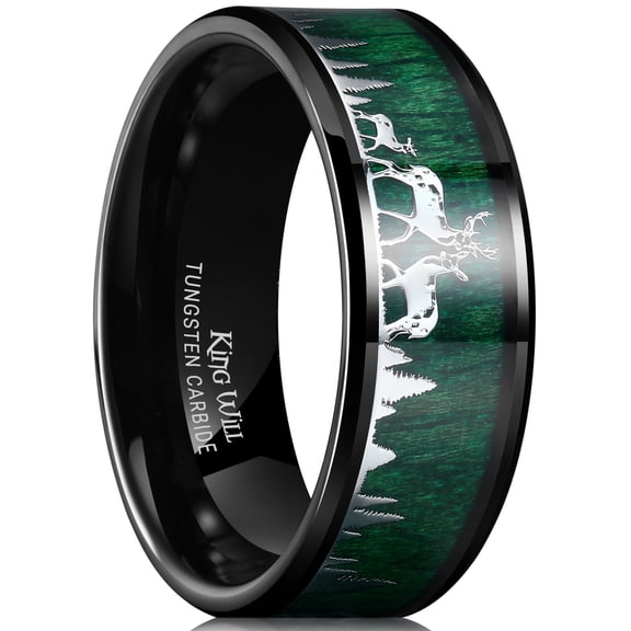 King Will Mens Deer Forest Hunting 8mm Tungsten Carbide Maple Wood Inlay Wedding Band for Men Engagement Ring Polished Charming Jewelry Green and Silver Size 11