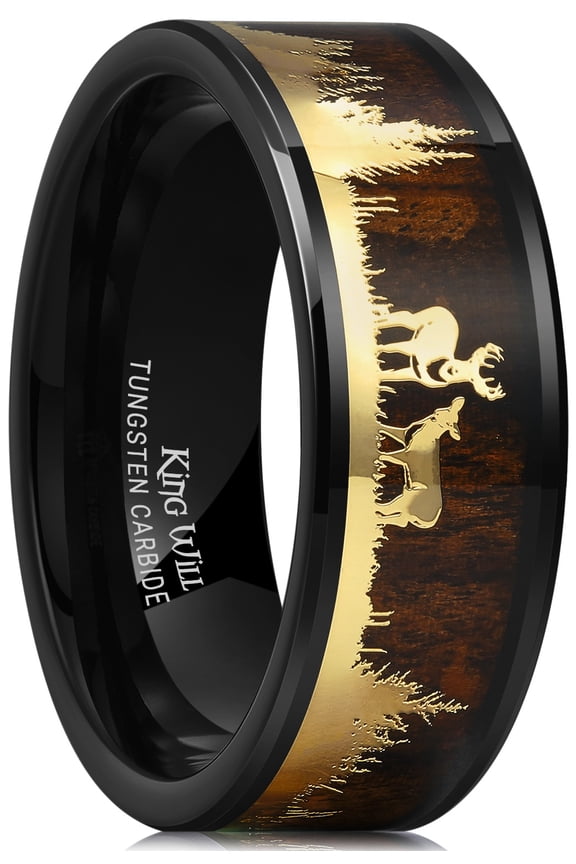 Mens Deer Forest Hunting 8mm Tungsten Carbide Sandalwood Inlay Wedding Band for Men Engagement Ring Polished Charming Jewelry Black and Gold Size 11