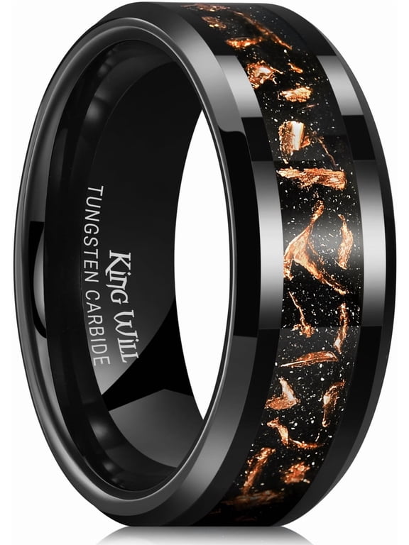 Mens Meteorite Rings Tungsten Carbide Wedding Bands 8mm High Polished Engagement Ring for Couples Comfort Fit, Black&Rose Gold, Size 9