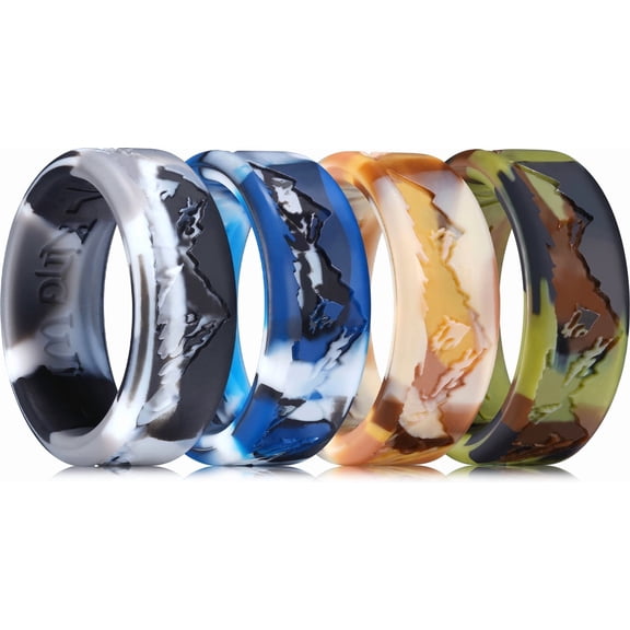 King Will Mens Silicone Wedding Rings, 4 Pcs Rubber Wedding Bands with Unique Mountain Peak Design, 8mm Wide 2.2mm Thick, Comfort Fit Size 10