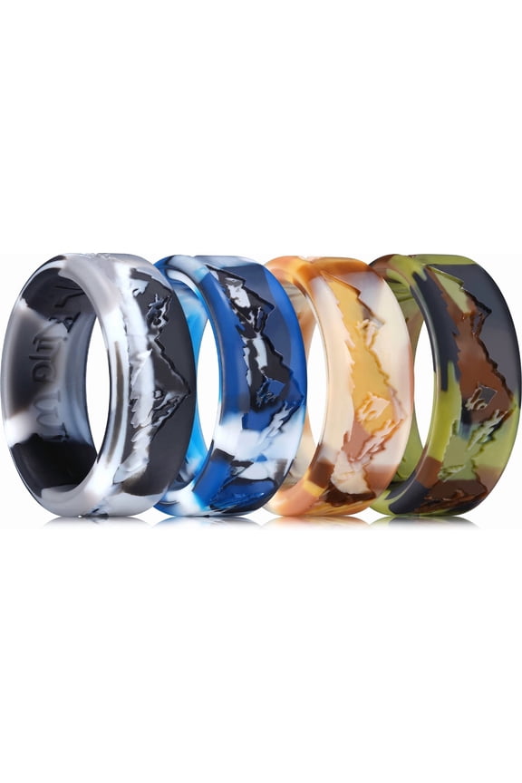 Mens Silicone Wedding Rings, 4 Pcs Rubber Wedding Bands with Unique Mountain Peak Design, 8mm Wide 2.2mm Thick, Comfort Fit Size 10