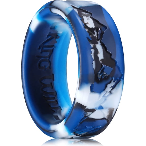 King Will Mens Silicone Wedding Rings, Blue Camouflage Rubber Wedding Bands with Unique Mountain Peak Design, 8mm Wide 2.2mm Thick, Comfort Fit Size 10