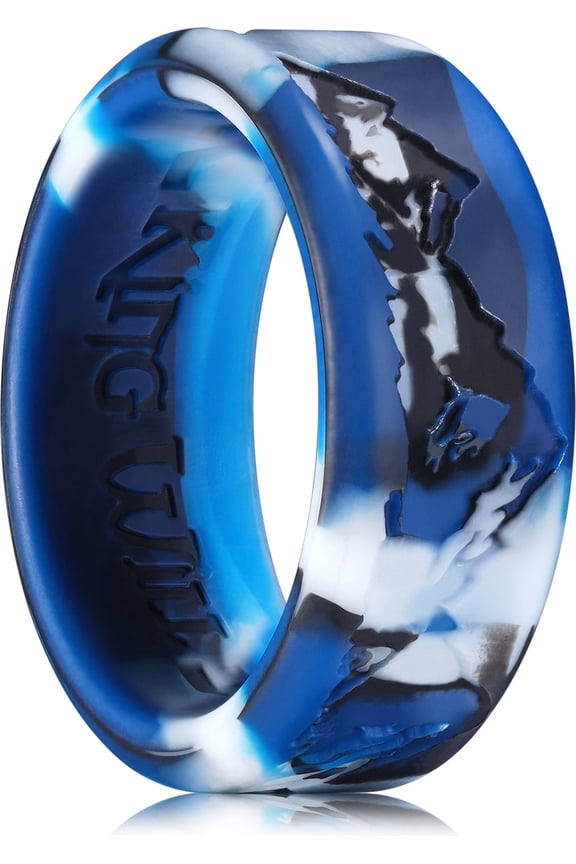 Mens Silicone Wedding Rings, Blue Camouflage Rubber Wedding Bands with Unique Mountain Peak Design, 8mm Wide 2.2mm Thick, Comfort Fit Size 9