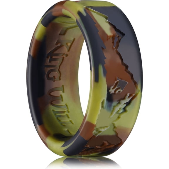 King Will Mens Silicone Wedding Rings, Green Camouflage Rubber Wedding Bands with Unique Mountain Peak Design, 8mm Wide 2.2mm Thick, Comfort Fit Size 11