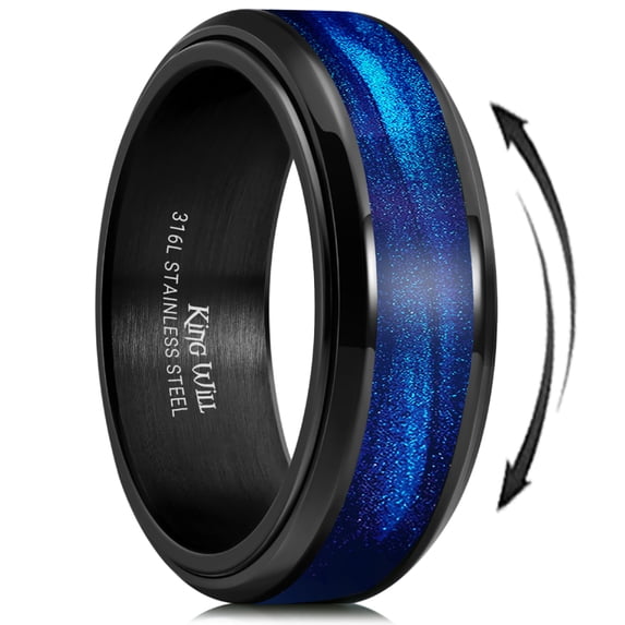 King Will Mens Stainless Steel Fidget Ring Anxiety Spinner Gear Ring Black Plated Blue Galaxy Sand Inlay Polished Beveled Edge Wedding Bands Comfort Fit, Size 7