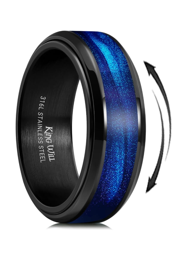 Mens Stainless Steel Fidget Ring Anxiety Spinner Gear Ring Black Plated Blue Galaxy Sand Inlay Polished Beveled Edge Wedding Bands Comfort Fit, Size 10
