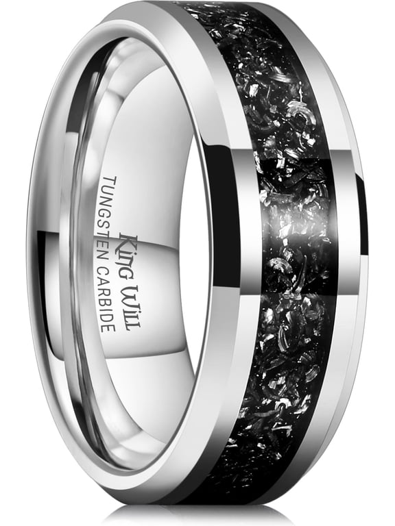 Mens Tungsten Wedding Bands Meteorite Inlay 8mm High Polished Engagement Ring for Couples Promise Ring for Women Comfort Fit, Silver, Size 10