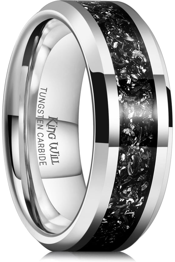 Mens Tungsten Wedding Bands Meteorite Inlay 8mm High Polished Engagement Ring for Couples Promise Ring for Women Comfort Fit, Silver, Size 10