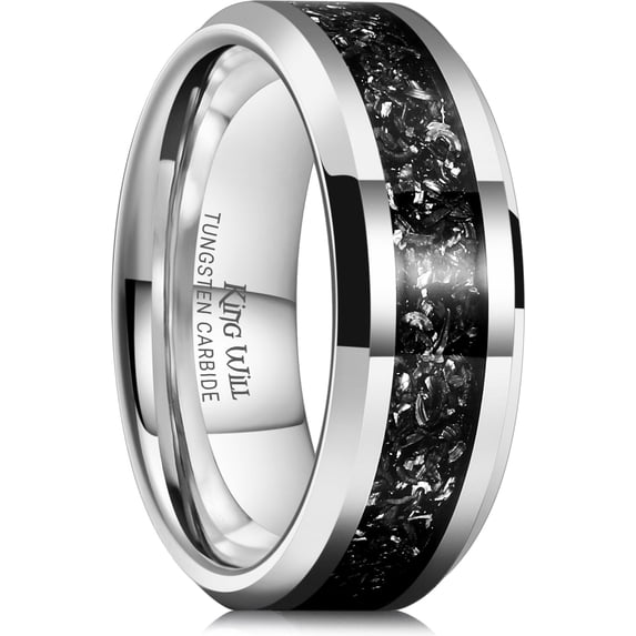 King Will Mens Tungsten Wedding Bands Meteorite Inlay 8mm High Polished Engagement Ring for Couples Promise Ring for Women Comfort Fit, Silver, Size 9