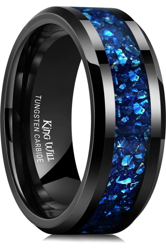 Meteorite Tungsten Rings for Men 8mm Blue Opal Inlay Wedding Bands Black Plated Polished Beveled Edge for Engagement Anniversary Comfort Fit Size 11