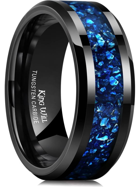 Meteorite Tungsten Rings for Men 8mm Blue Opal Inlay Wedding Bands Black Plated Polished Beveled Edge for Engagement Anniversary Comfort Fit Size 7