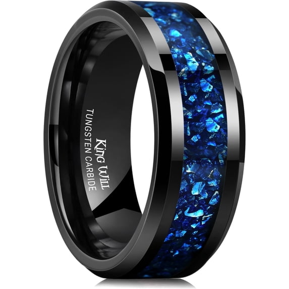 King Will Meteorite Tungsten Rings for Men 8mm Blue Opal Inlay Wedding Bands Black Plated Polished Beveled Edge for Engagement Anniversary Comfort Fit Size 8.5