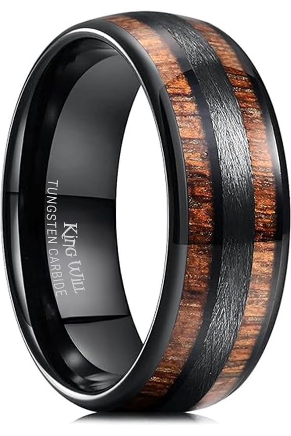 Nature 8mm Mens Domed nature Koa Wood Inlay Black Tungsten Carbide Ring Wedding Band Comfort Fit Size 10