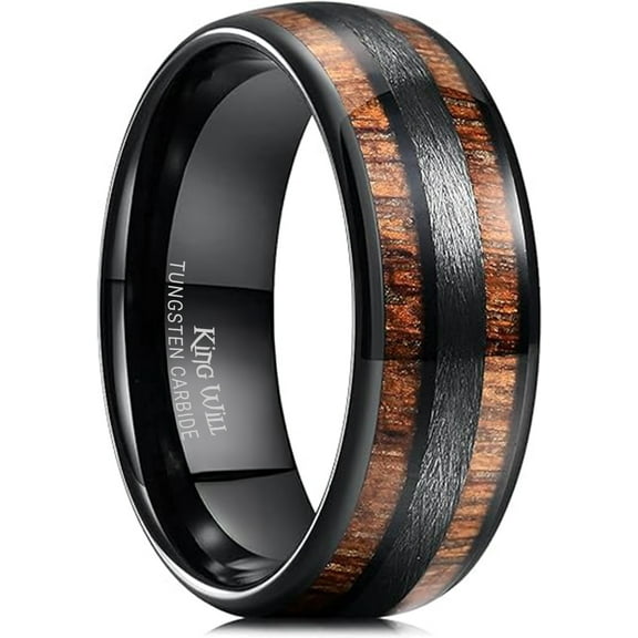 King Will Nature 8mm Mens Domed nature Koa Wood Inlay Black Tungsten Carbide Ring Wedding Band Comfort Fit Size 12