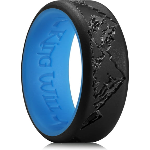 King Will Silicone Rings For Men, Black & Blue Rubber Wedding Bands with Unique Mountain Peak Design, 8mm Wide 2.2mm Thick, Comfort Fit Size 10