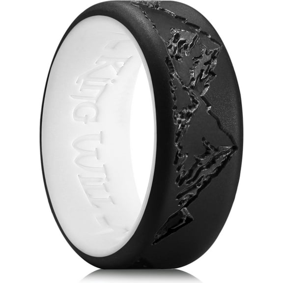 King Will Silicone Rings For Men, Black & White Rubber Wedding Bands with Unique Mountain Peak Design, 8mm Wide 2.2mm Thick, Comfort Fit Size 10