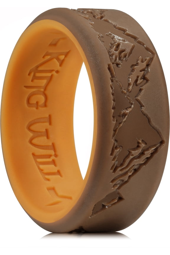 Silicone Rings For Men, Brown & Chestnut Yellow Rubber Wedding Bands with Unique Mountain Peak Design, 8mm Wide 2.2mm Thick, Comfort Fit Size 10