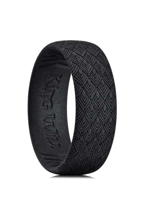 Silicone Wedding Band for Men Women- 1.8mm Ultra Thin Ring with Peacock Feather Pattern, Hypoallergenic Rubber Ring, Black, Size 8